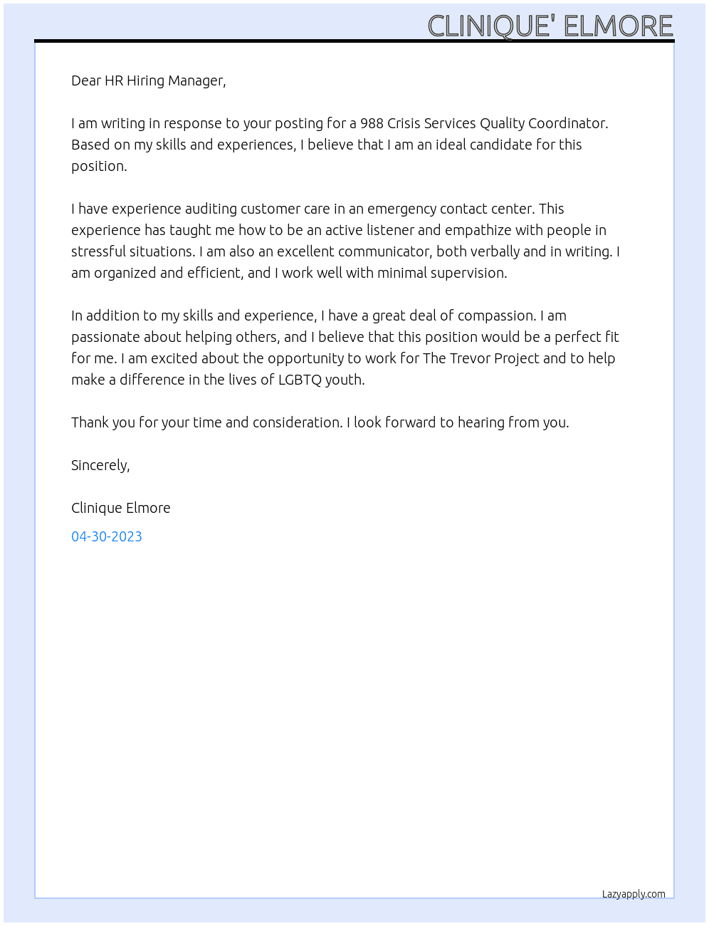 988 Crisis Services Quality Coordinator At The Trevor Project Cover Letter