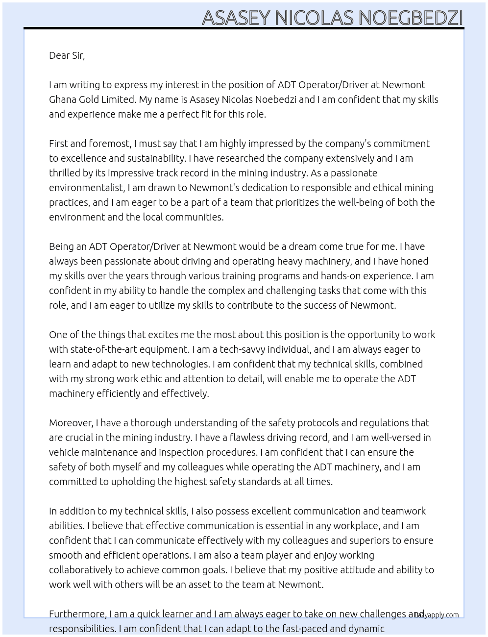 ADT OPERATOR/ DRIVER At NEWMONT GHANA GOLD LIMITED Cover Letter