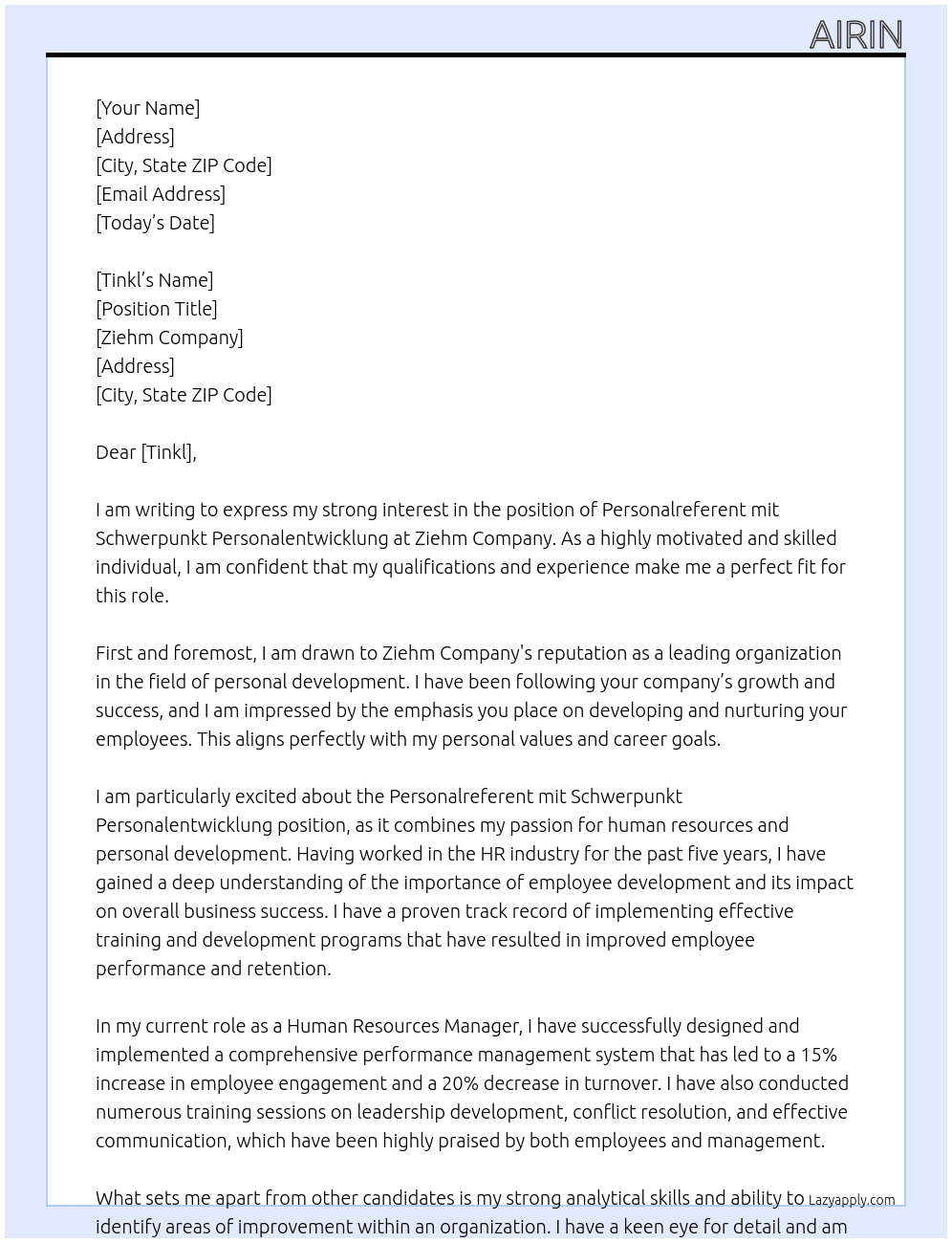 PERSONALREFERENT MIT SCHWERPUNKT PERSONALENTWICKLUNG At Ziehm Cover Letter