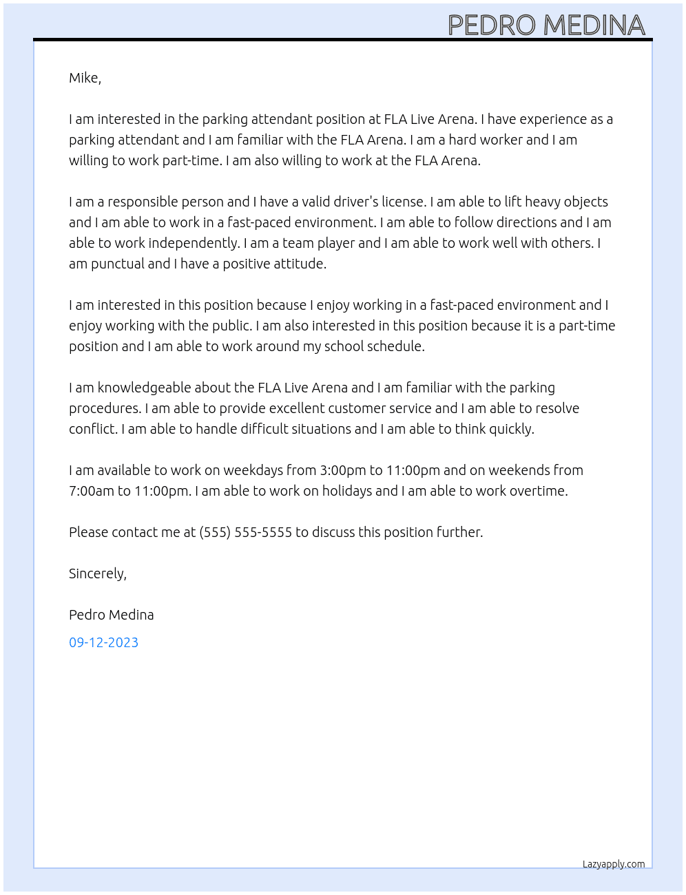  Parking Attendant    At FLA Live Arena Cover Letter