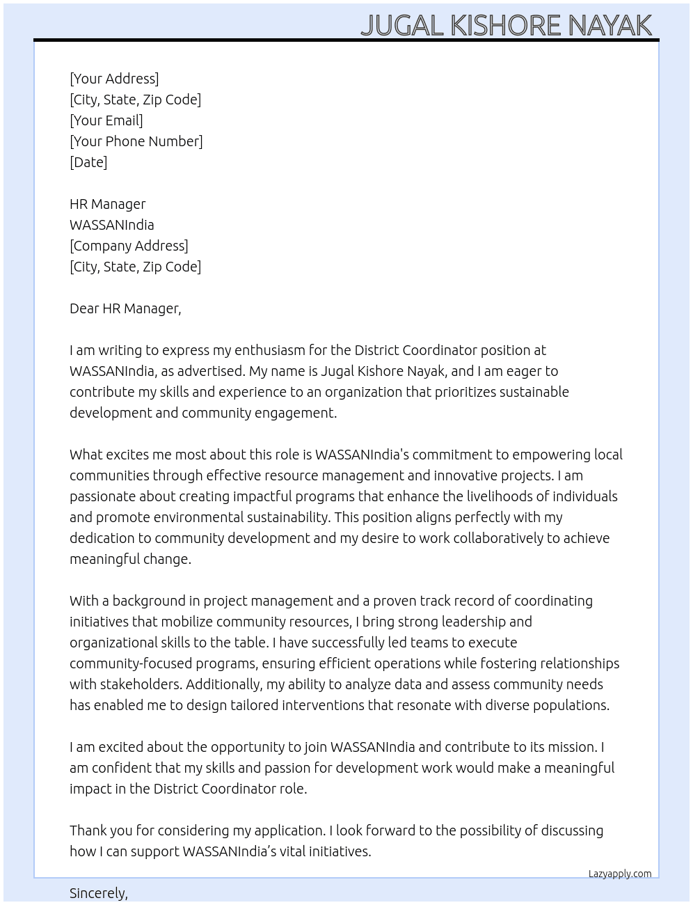 District coordinator  At WASSANIndia Cover Letter