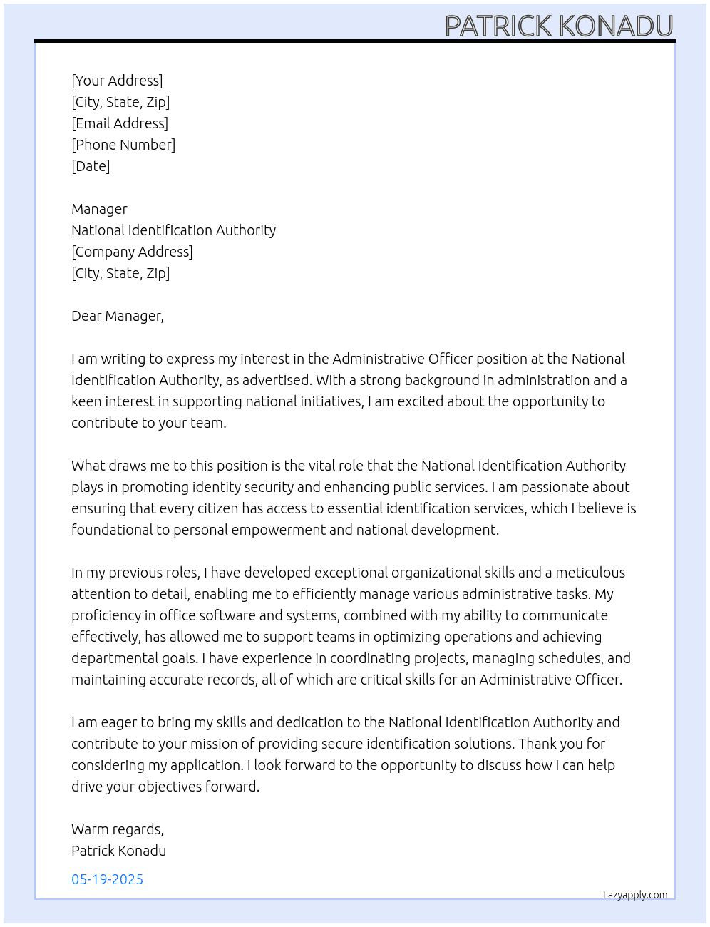administrative officer At National Identification Authority Cover Letter