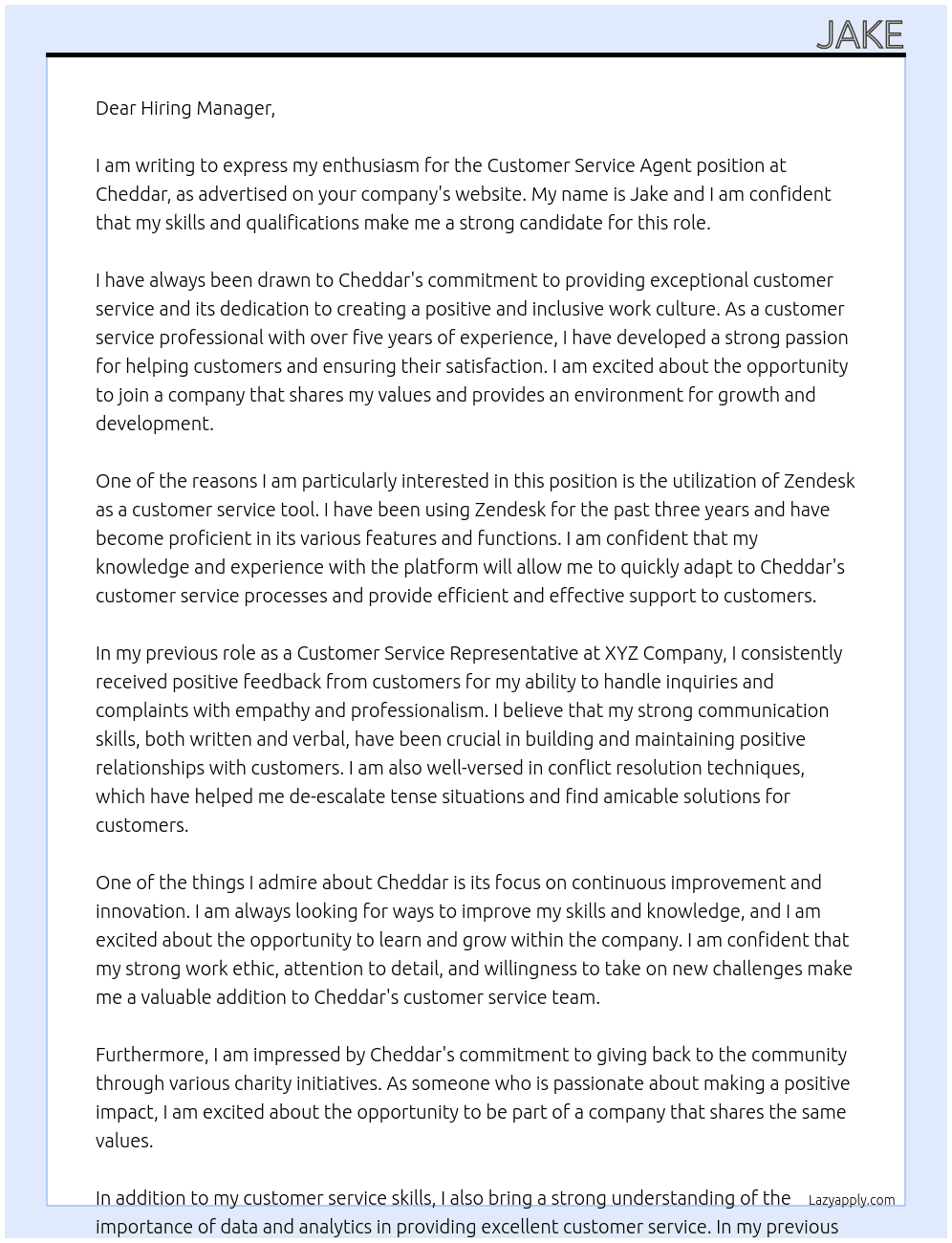 Customer Service Agent At Cheddar Cover Letter