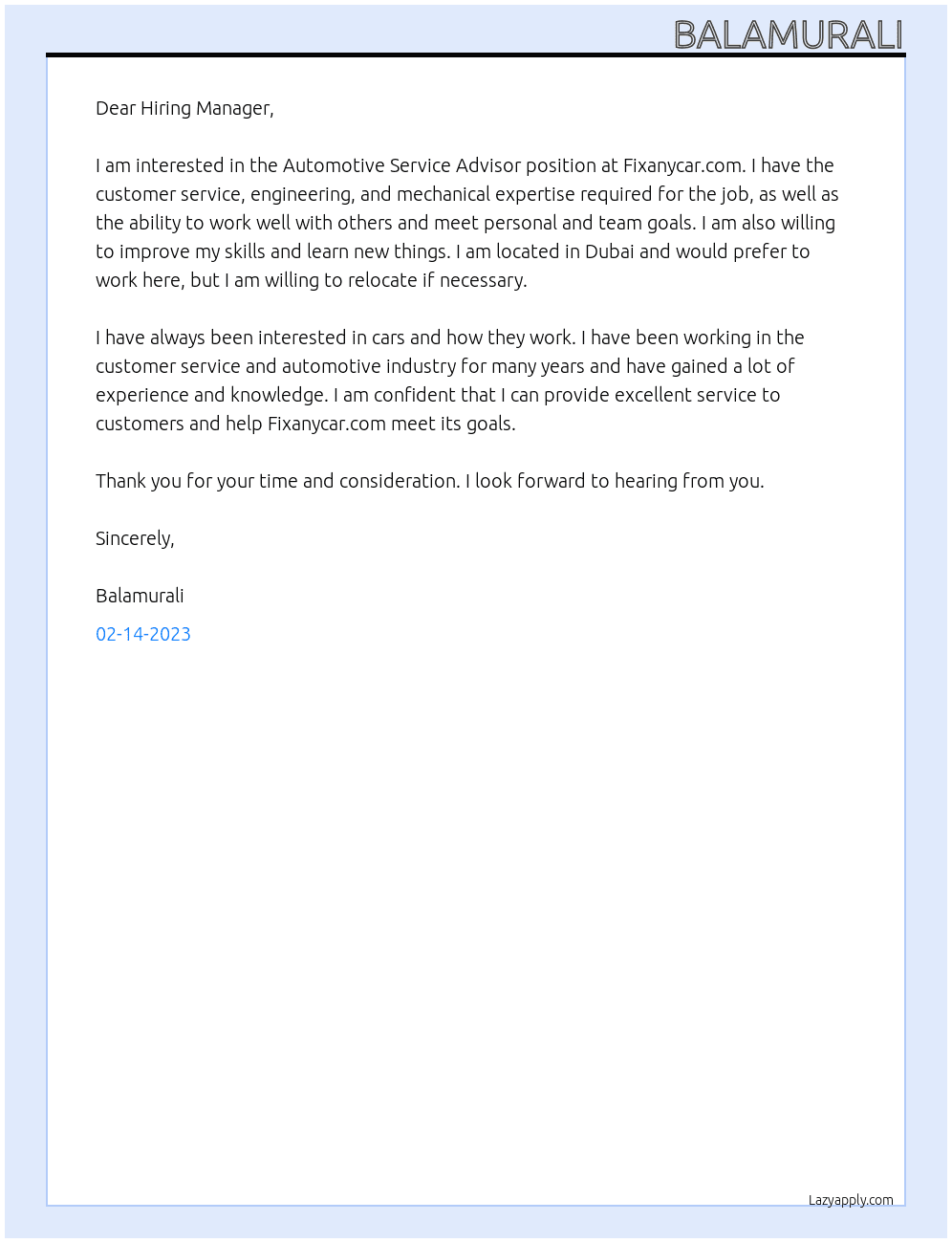 Automotive service advisor  At Fixanycar.com Cover Letter