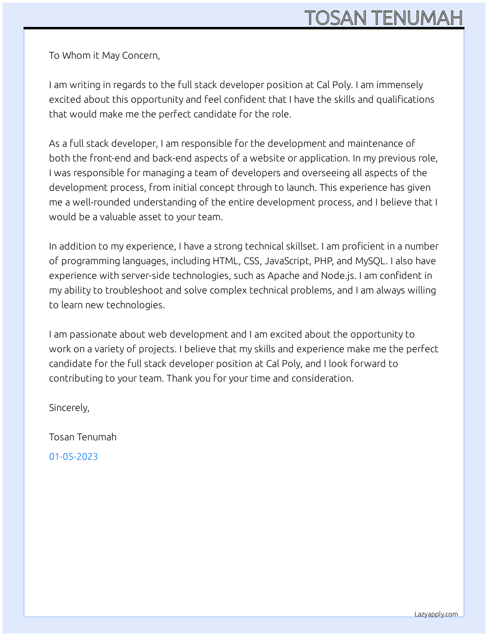 Full stack developer  At Cal poly Cover Letter