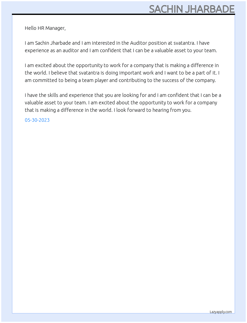 Auditor At svatantra Cover Letter