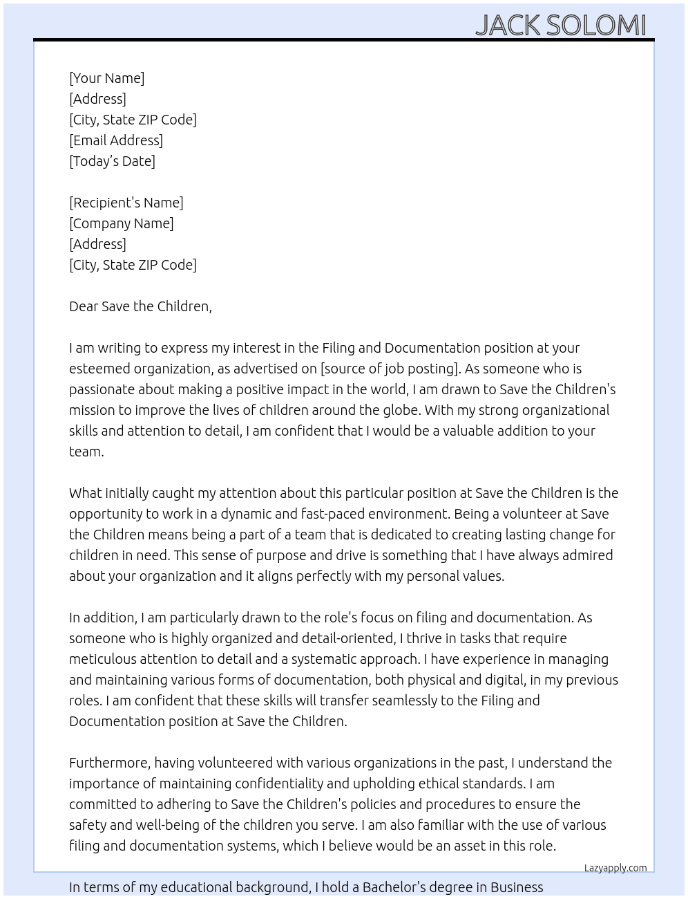 Filing and documentation  At Volunteer  Cover Letter