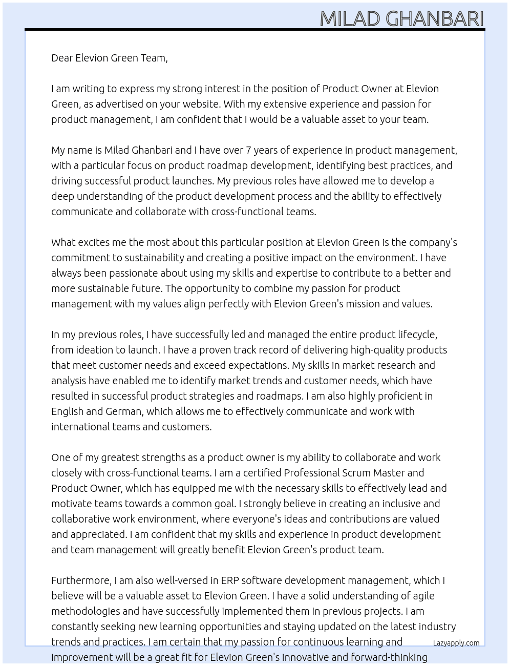 Product Owner At Elevion Green Cover Letter