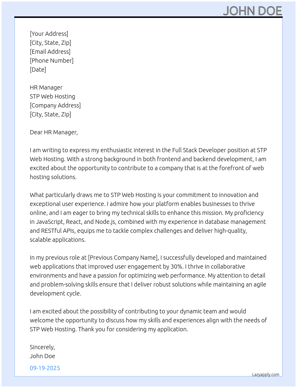 Full Stack Developer At STP Web Hosting Cover Letter