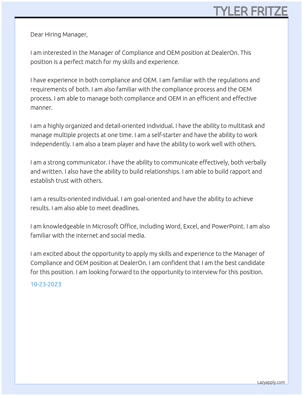 Manager of Compliance and OEM At DealerOn Cover Letter