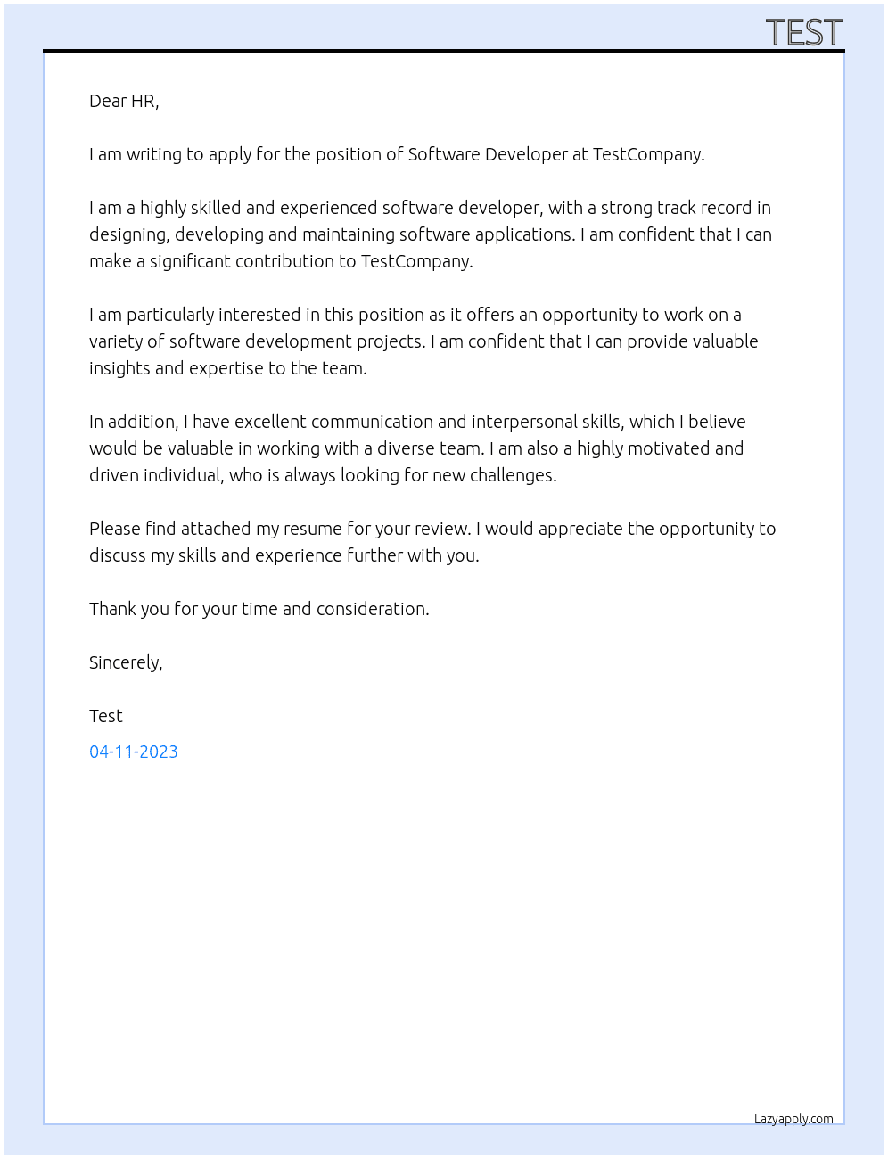 Software developer At TestCompany Cover Letter