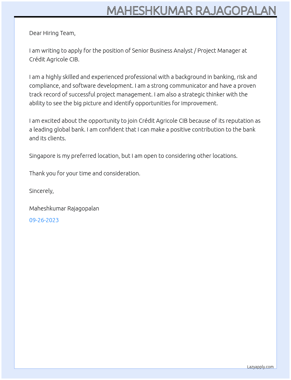 SENIOR BUSINESS ANALYST / PROJECT MANAGER At Crédit Agricole CIB Cover Letter