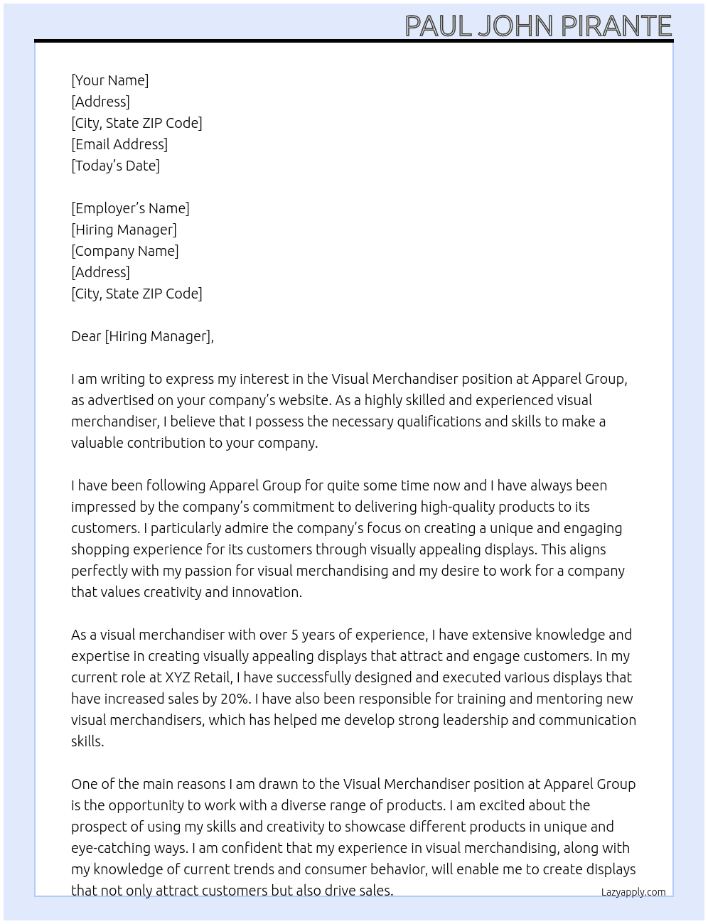 visual merchandiser At Apparel Group Cover Letter