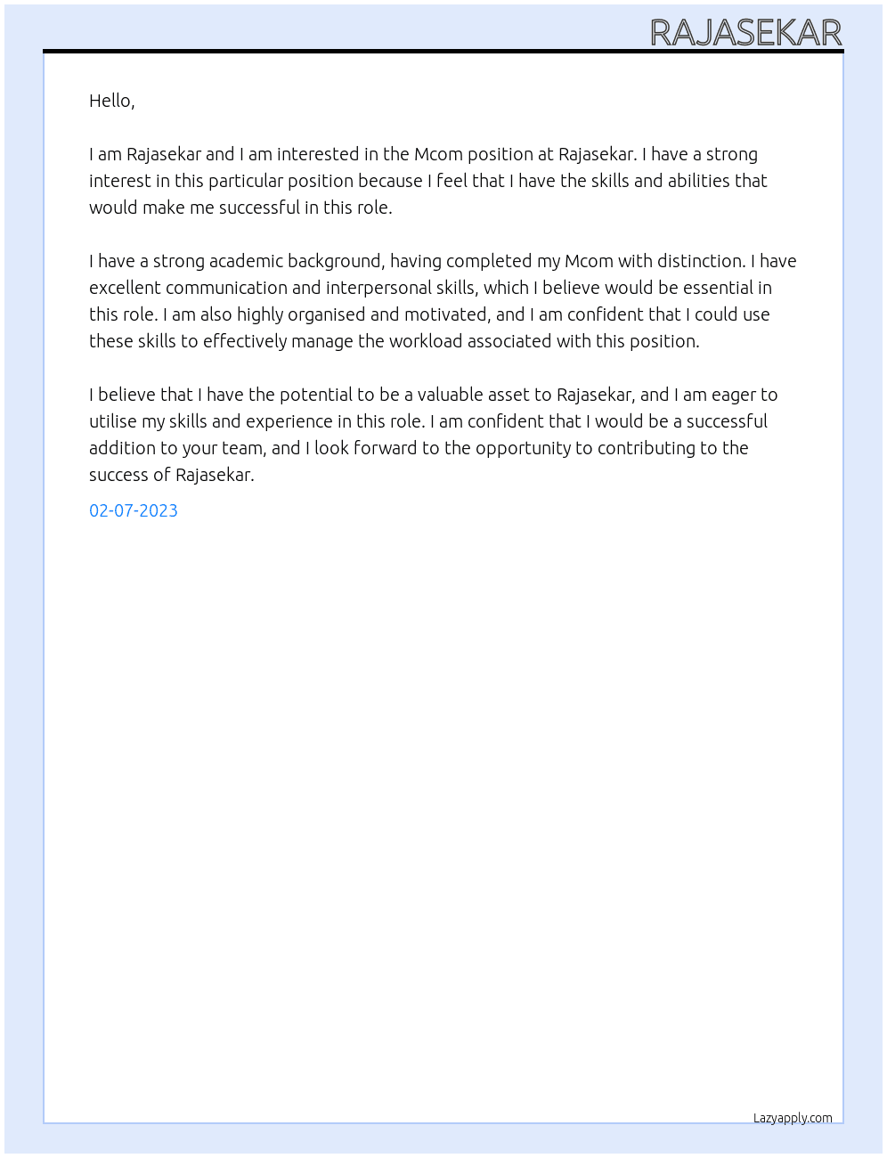 Mcom At Rajasekar Cover Letter