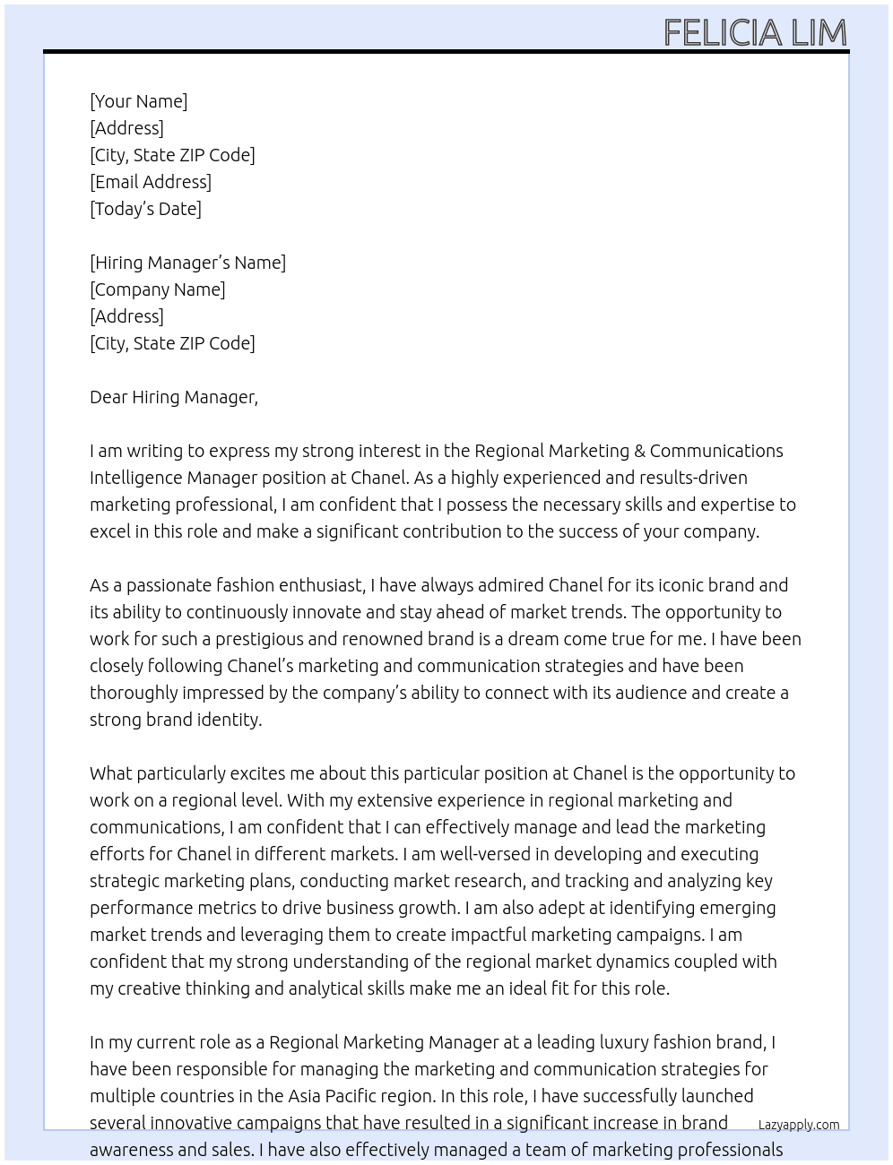 Regional Marketing & Communications Intelligence Manager  At Chanel Cover Letter