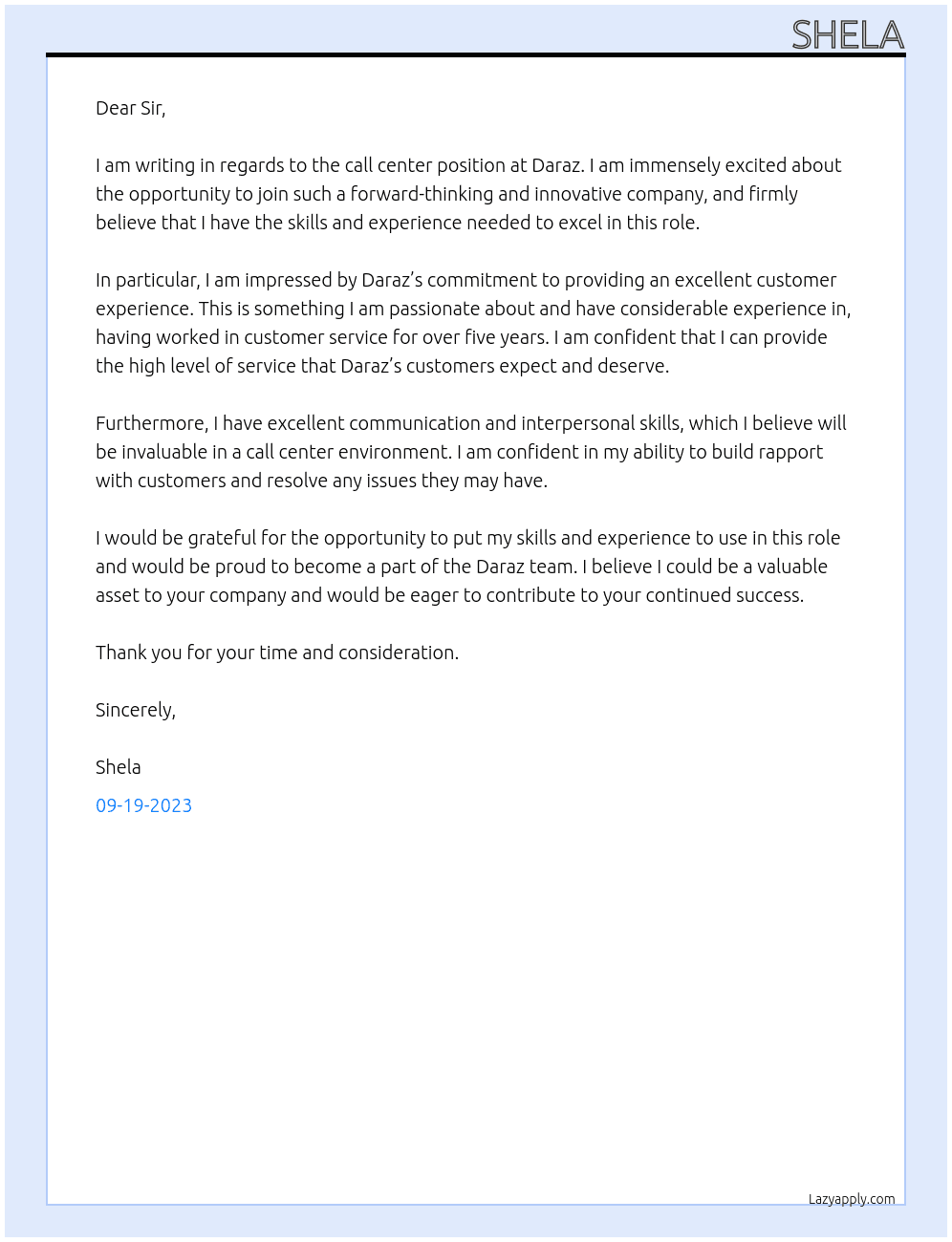 call center At daraz Cover Letter