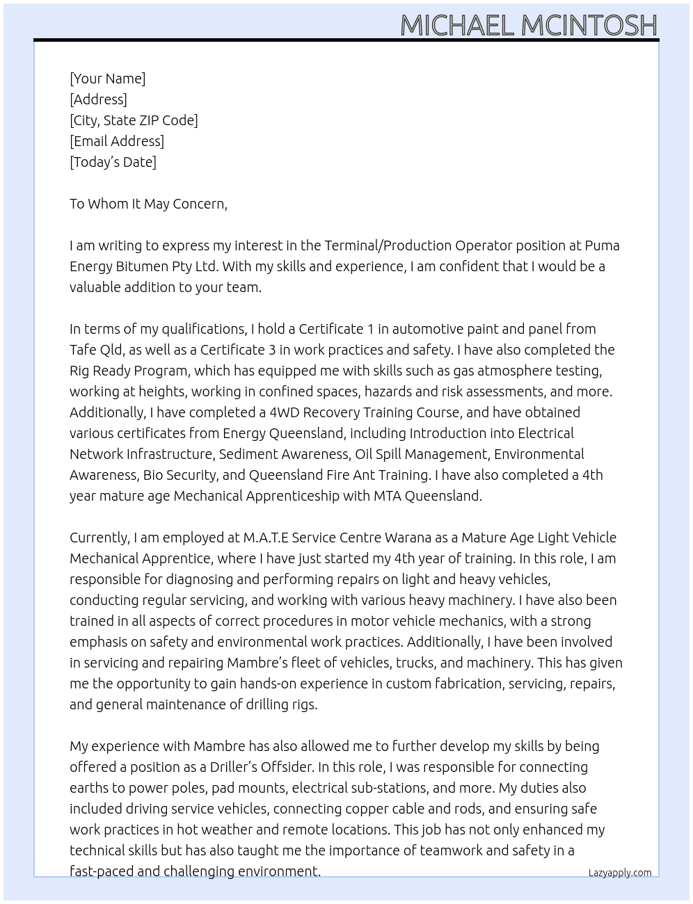 Terminal/Production Operator At Puma Energy Bitumen Pty Ltd Cover Letter