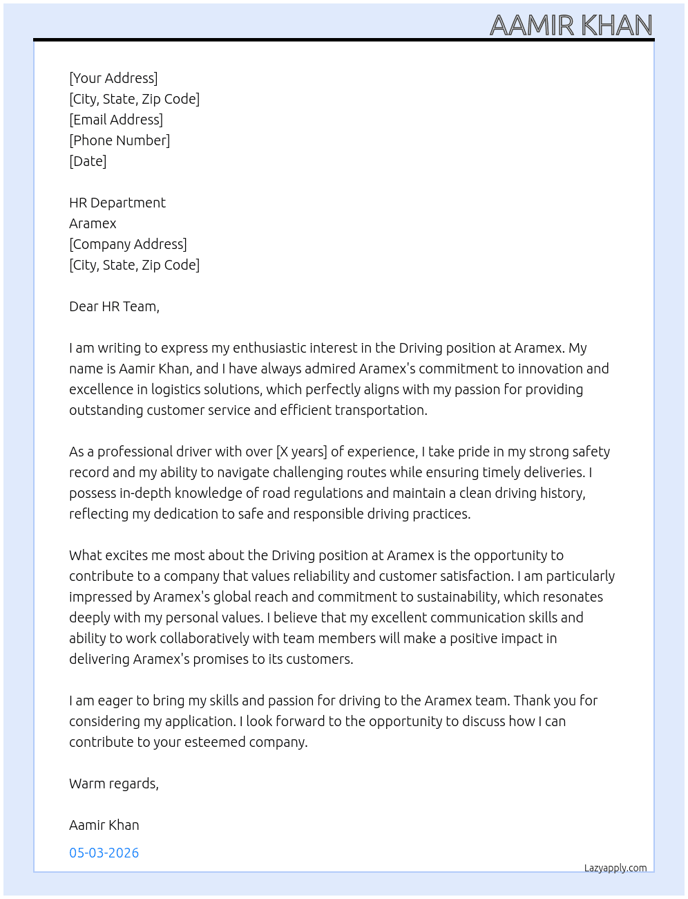 Driving  At Aramex  Cover Letter