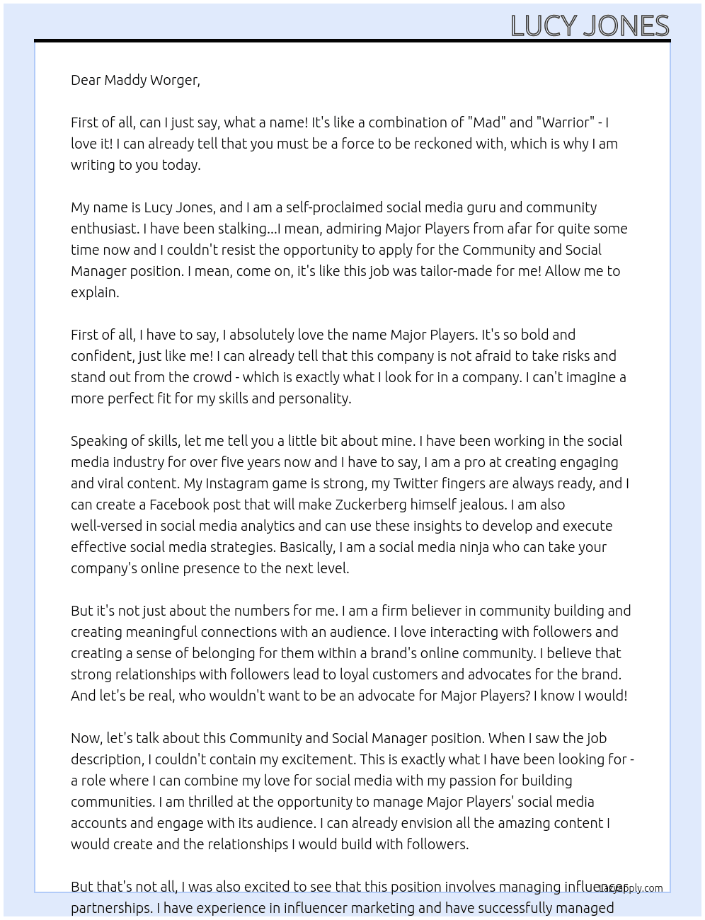 Community and Social Manager At Major Players Cover Letter