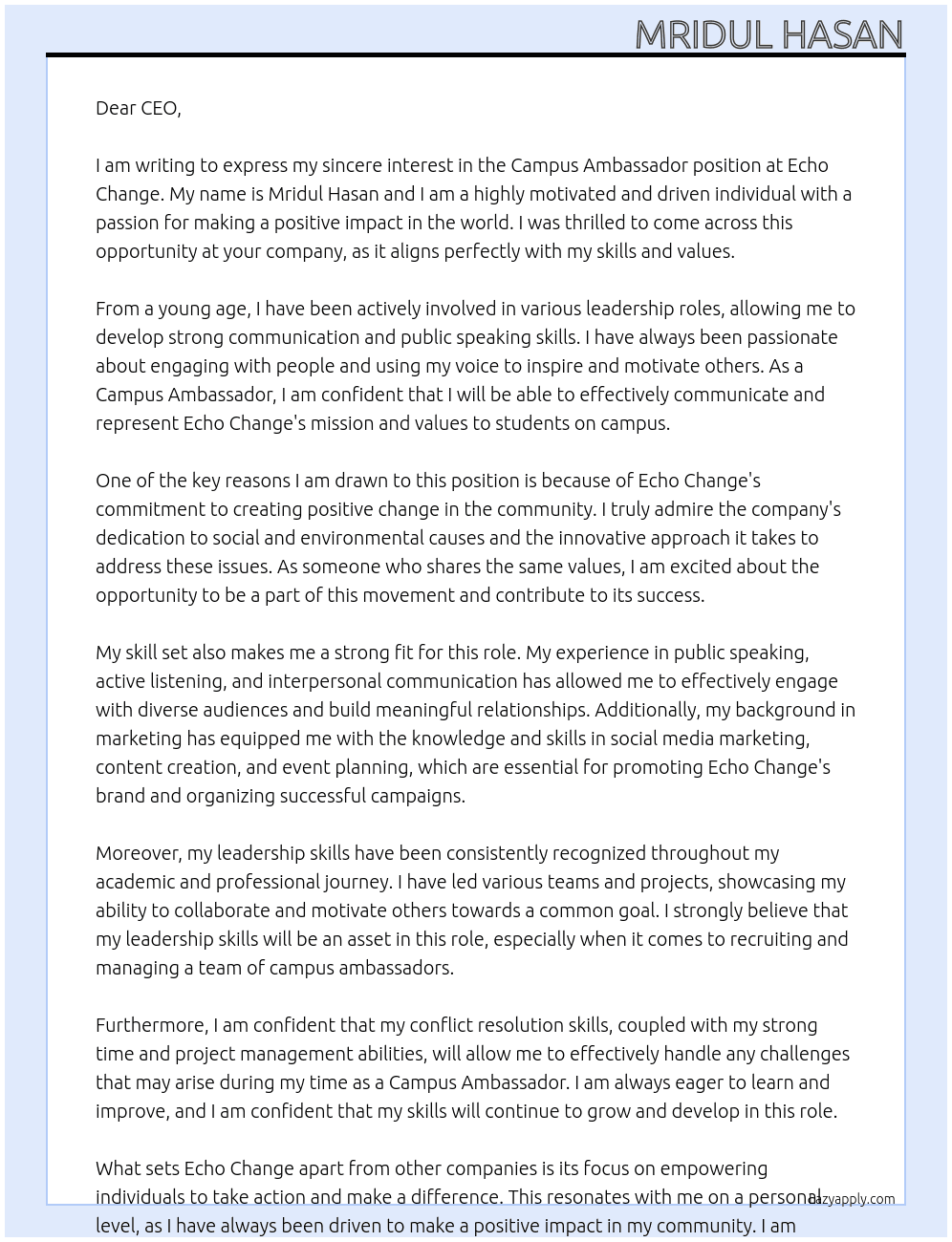 Campus ambassador At Echo Change Cover Letter