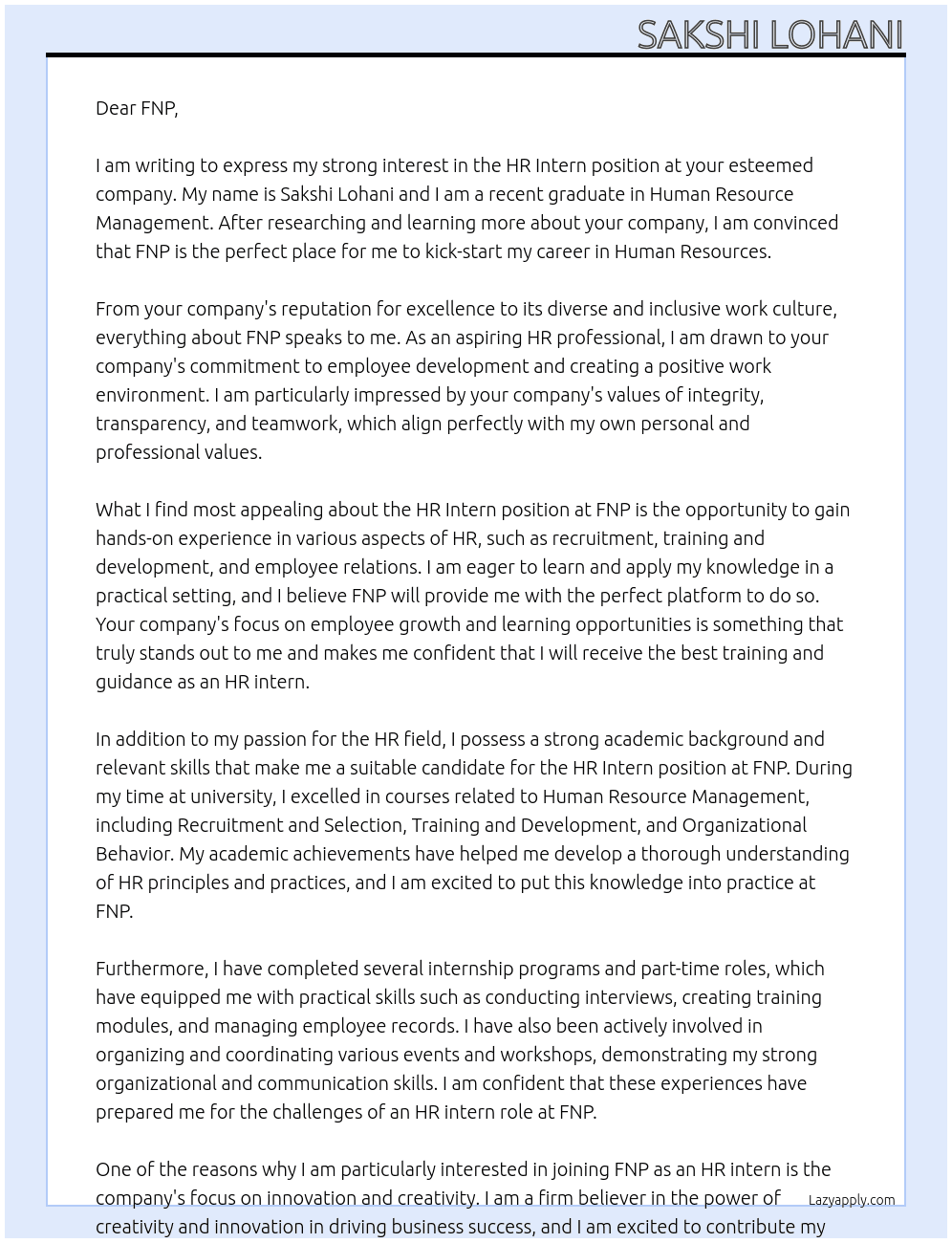 HR Intern At FNP Cover Letter
