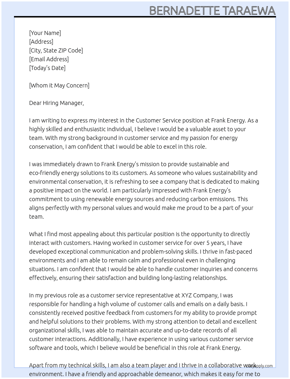 Customer service At Frank energy Cover Letter