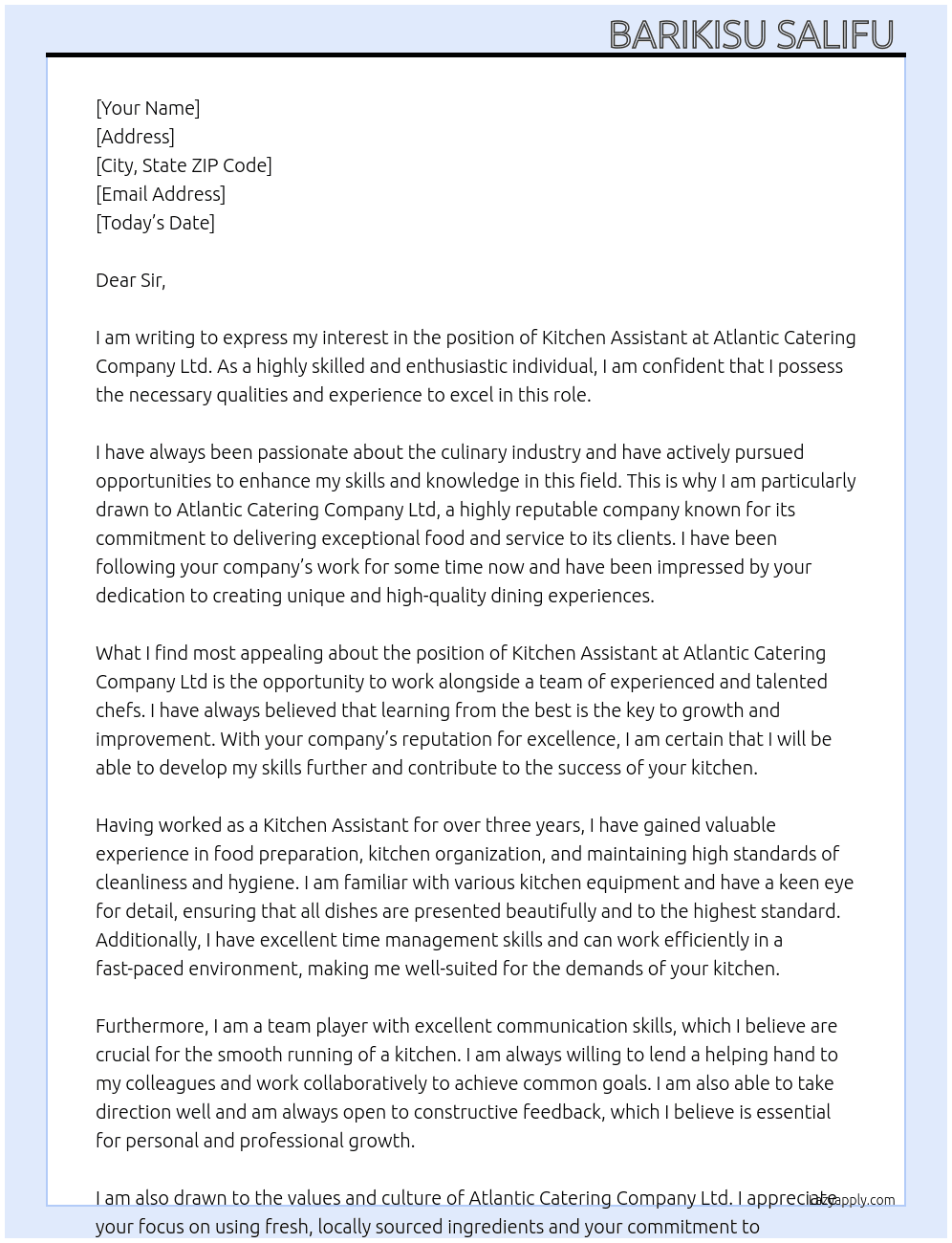 Kitchen Assistant At ATLANTIC CATERING COMPANY LTD  Cover Letter