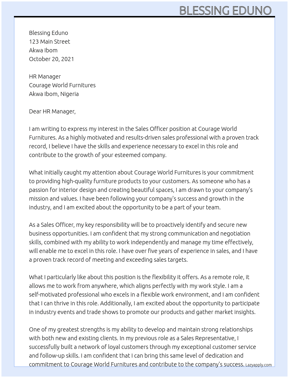 sales officer At Courage World Furnitures Cover Letter