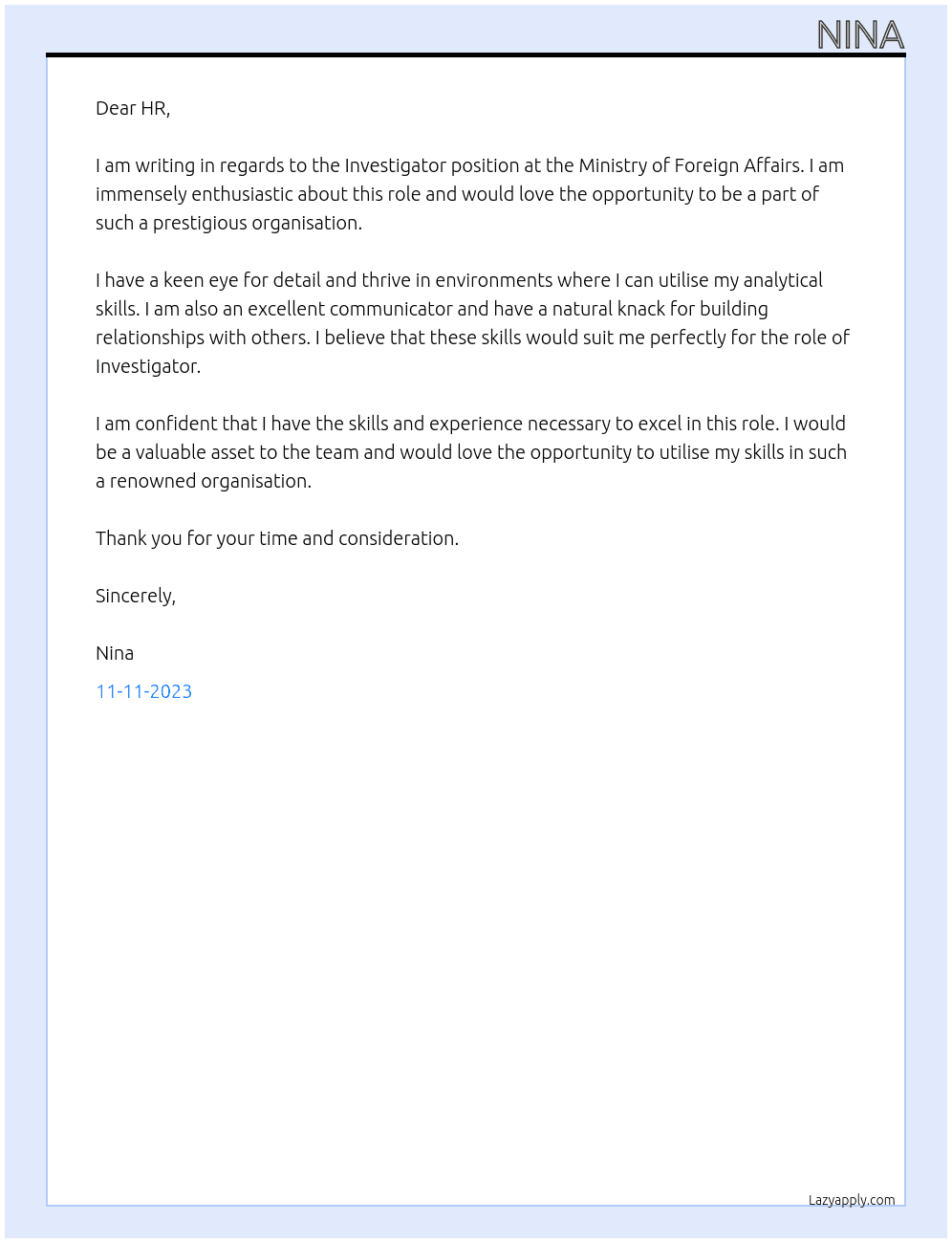 Investigator  At Ministry of Foreign Affairs  Cover Letter