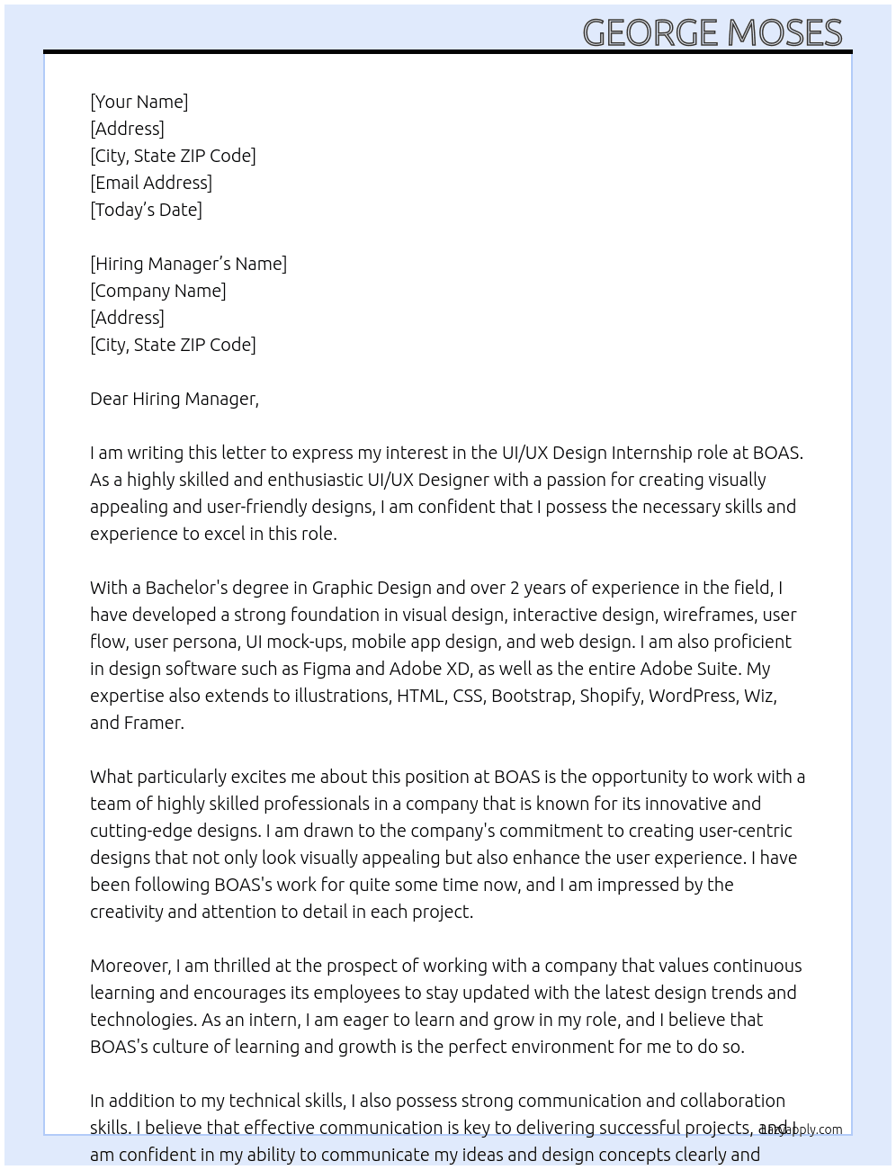 UI/UX DESIGN  At BOAS Cover Letter
