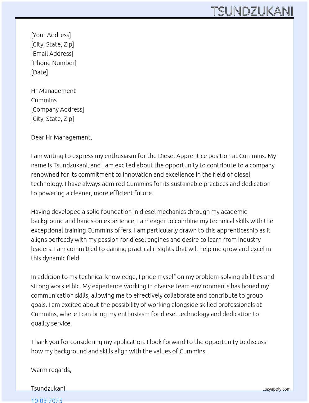 Diesel Apprentice  At Cummins Cover Letter