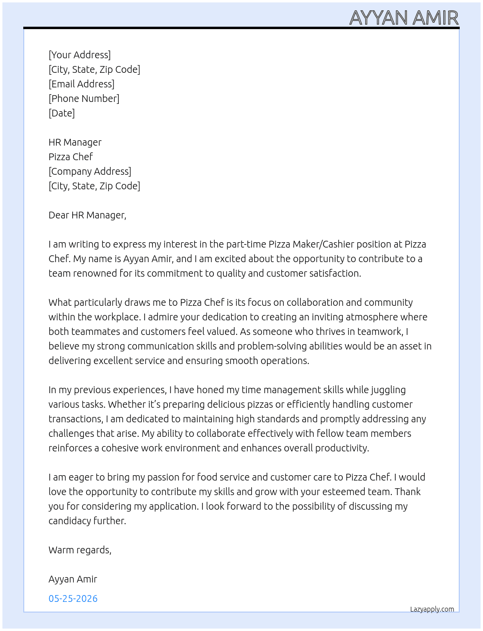 Pizza maker/Cashier At Pizza Chef Cover Letter