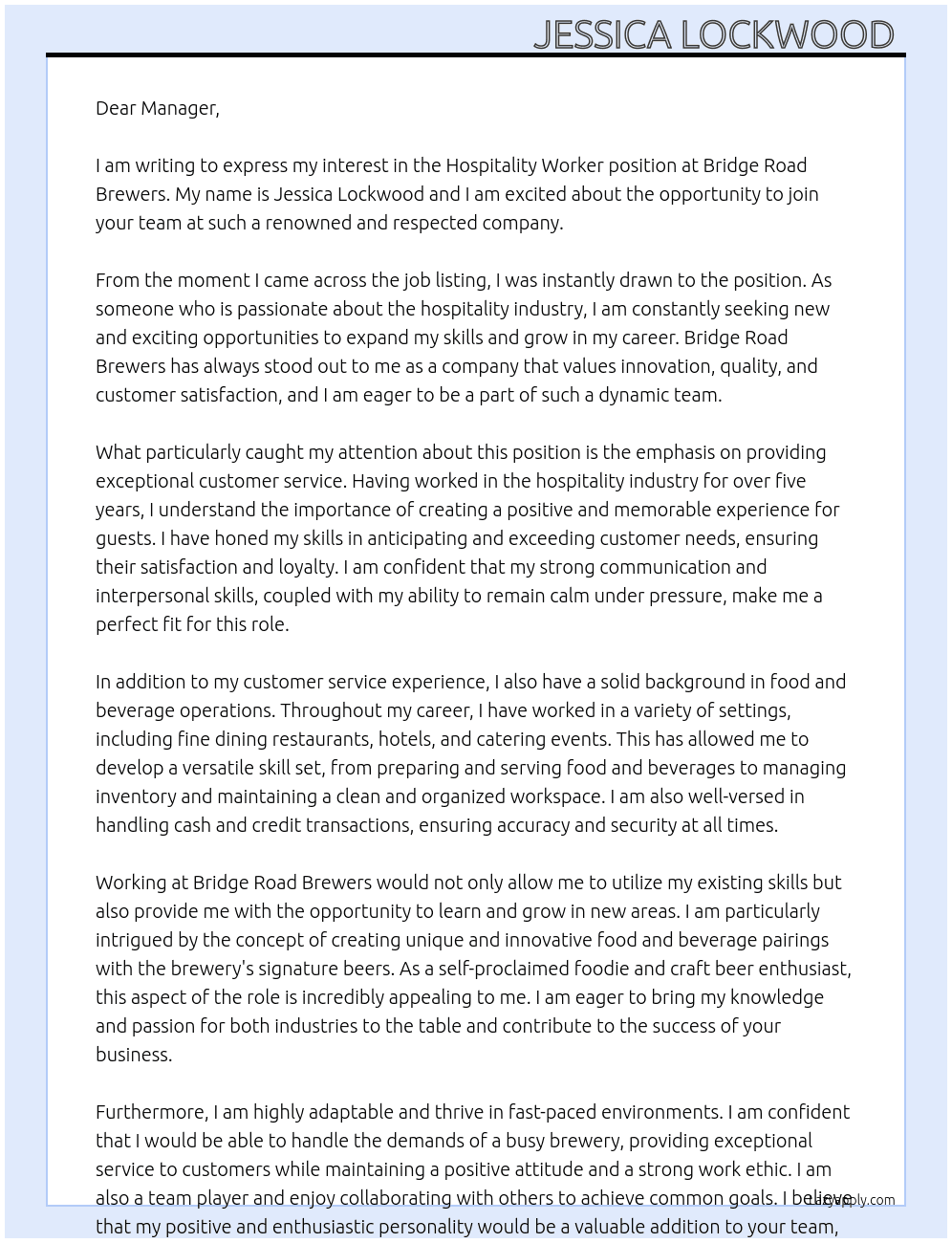 Hospitality worker At Bridge Road Brewers Cover Letter