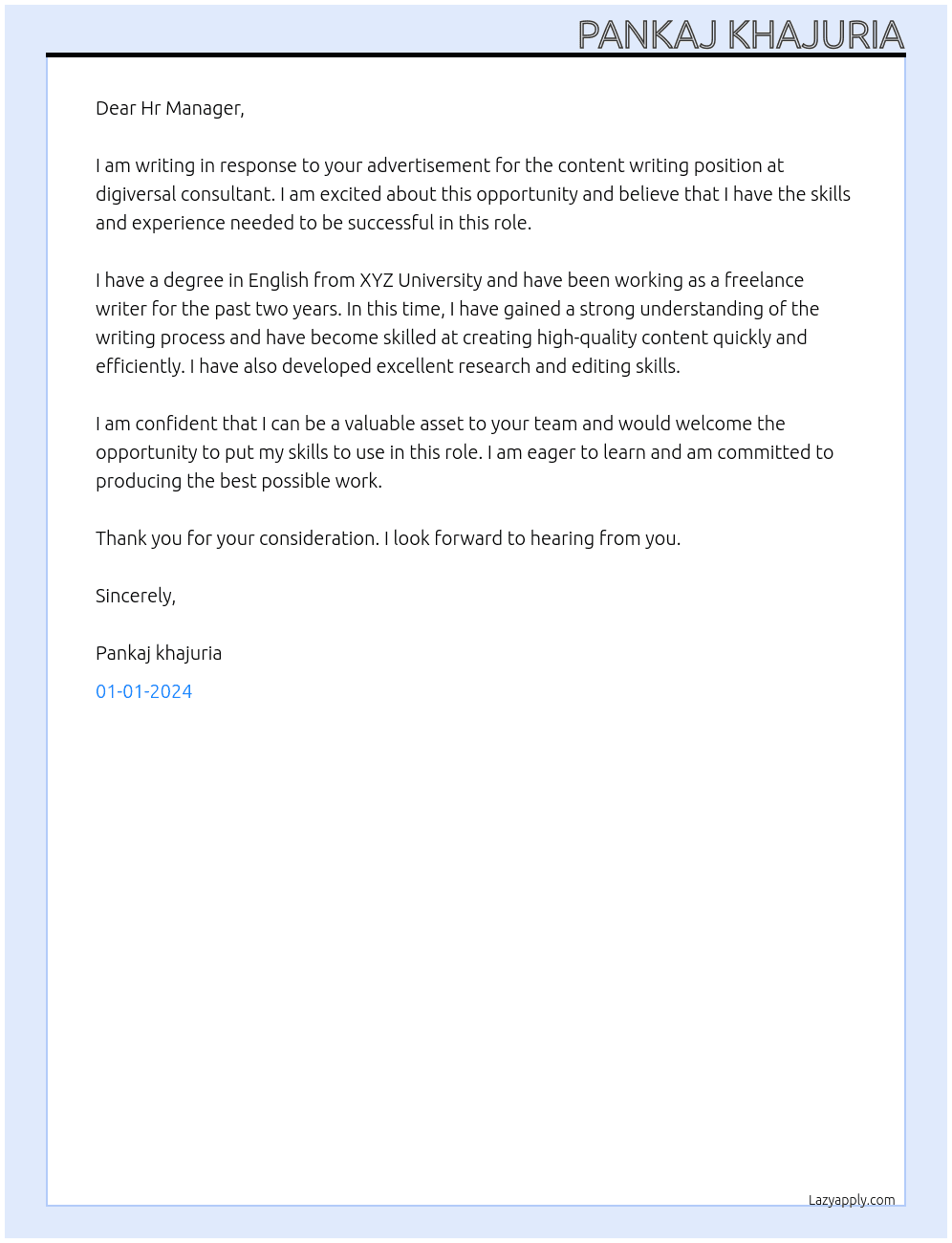 Content writing  At digiversal consultant  Cover Letter