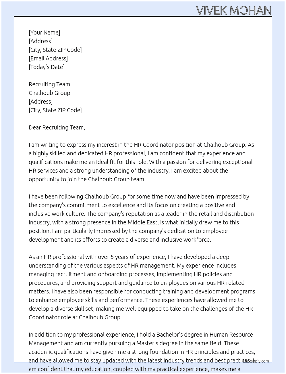 HR coordinator  At Chalhoub Group Cover Letter