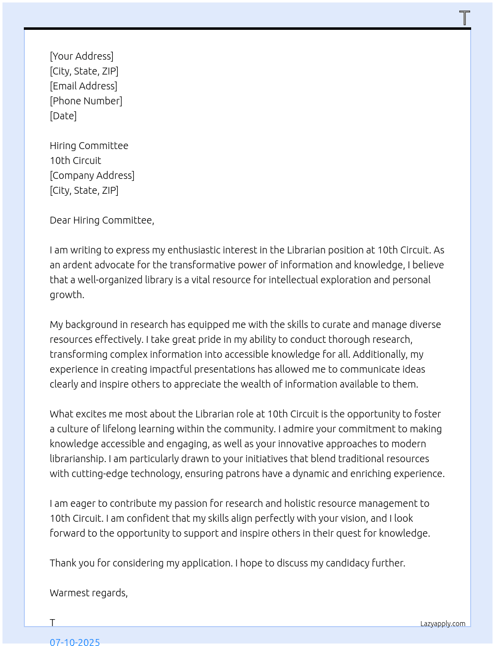 Librarian At 10th Circuit Cover Letter