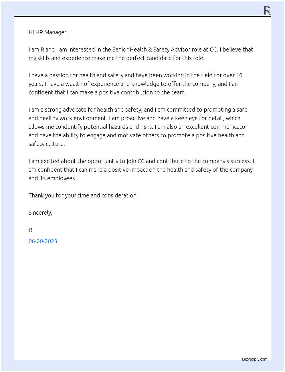 Senior Health & Safety Advisor At CC Cover Letter