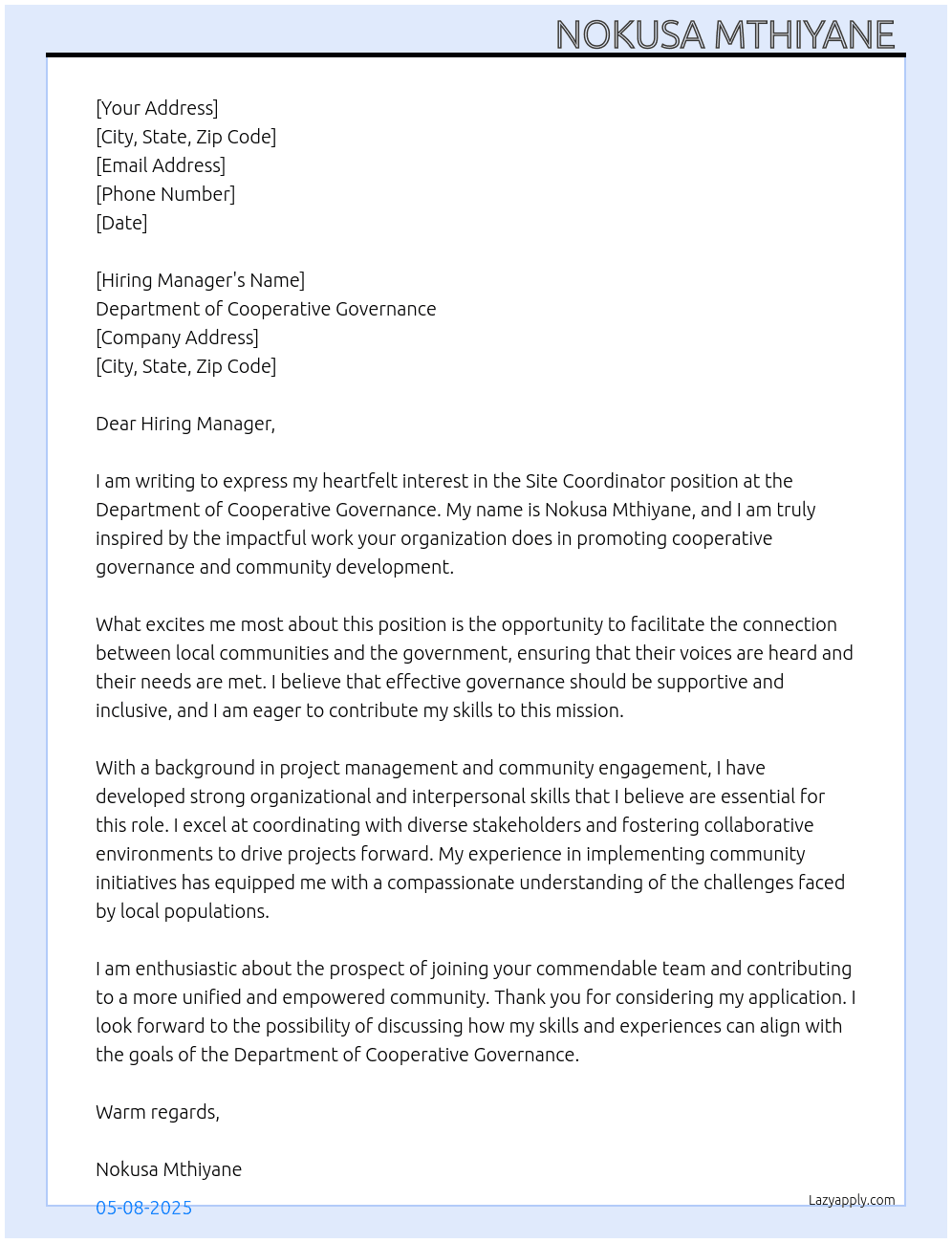 Site Coordinator  At Department of Cooperative Governance  Cover Letter