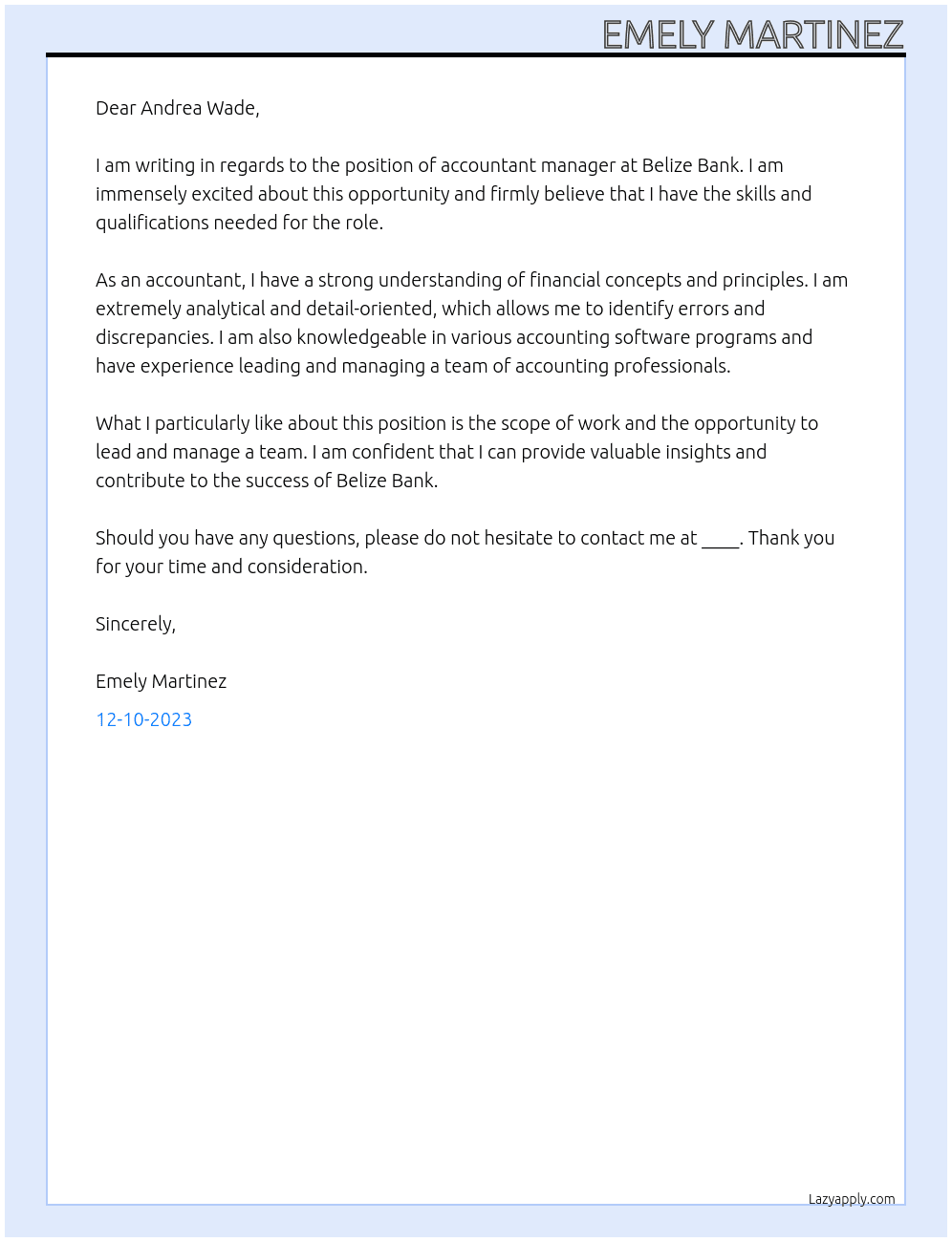 accountant  manager At Belize Bank Cover Letter