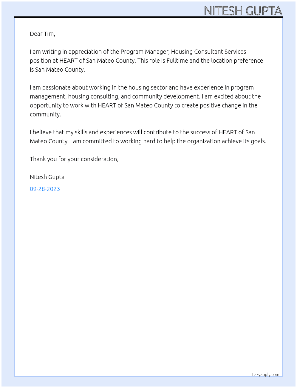 Program Manager,  Housing Consultant Services  At HEART of San Mateo County Cover Letter