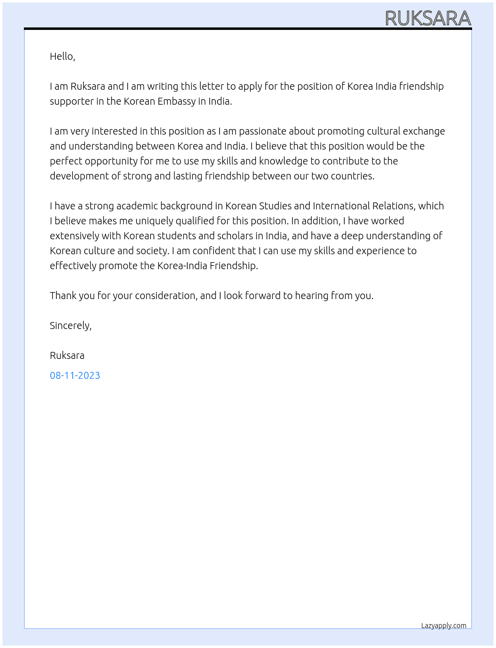 Korea India friendship supporter At Korean Embassy in India Cover Letter