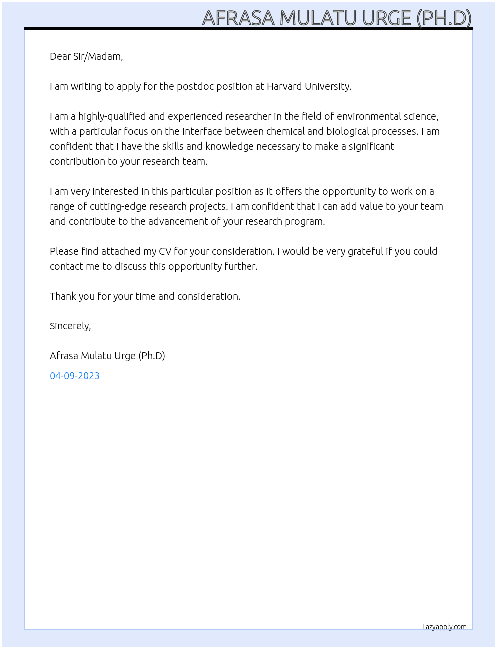Postdoc Position At Harvard univesity Cover Letter