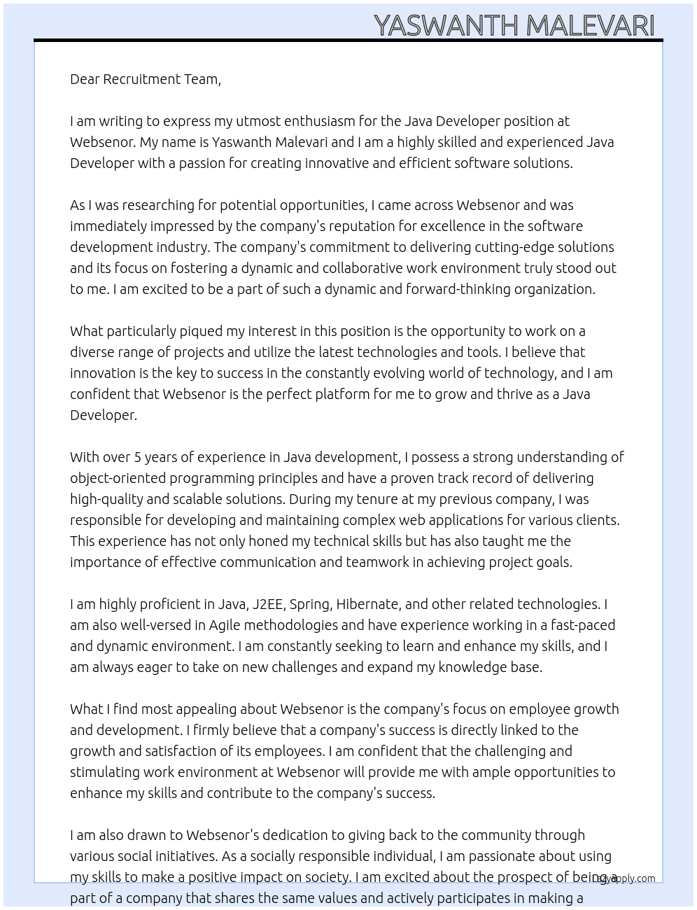 Java Developer At Websenor Cover Letter