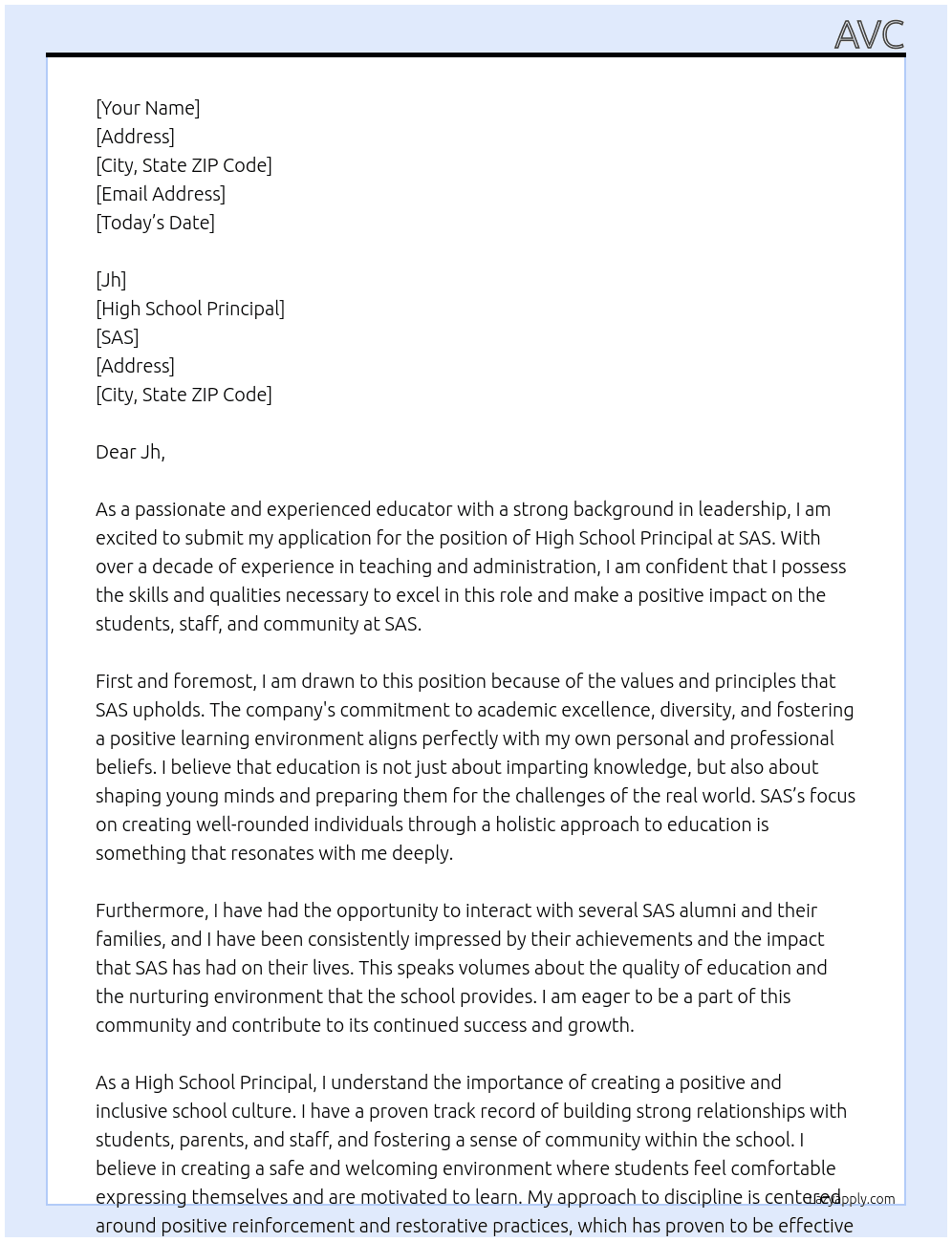 High school Principal At SAS Cover Letter