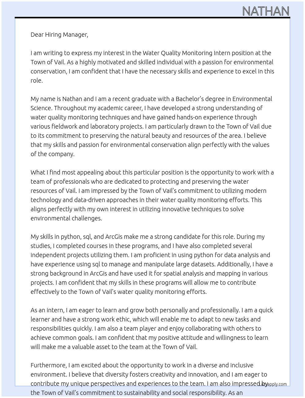 Water Quality Monitoring Intern At Town of Vail Cover Letter
