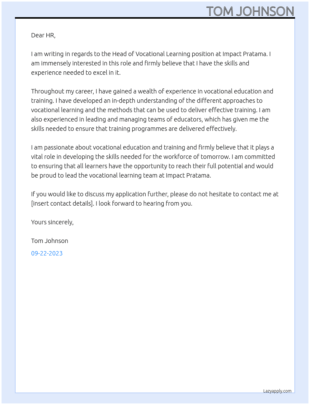 Head of vocational learning At Impact Pratama Cover Letter
