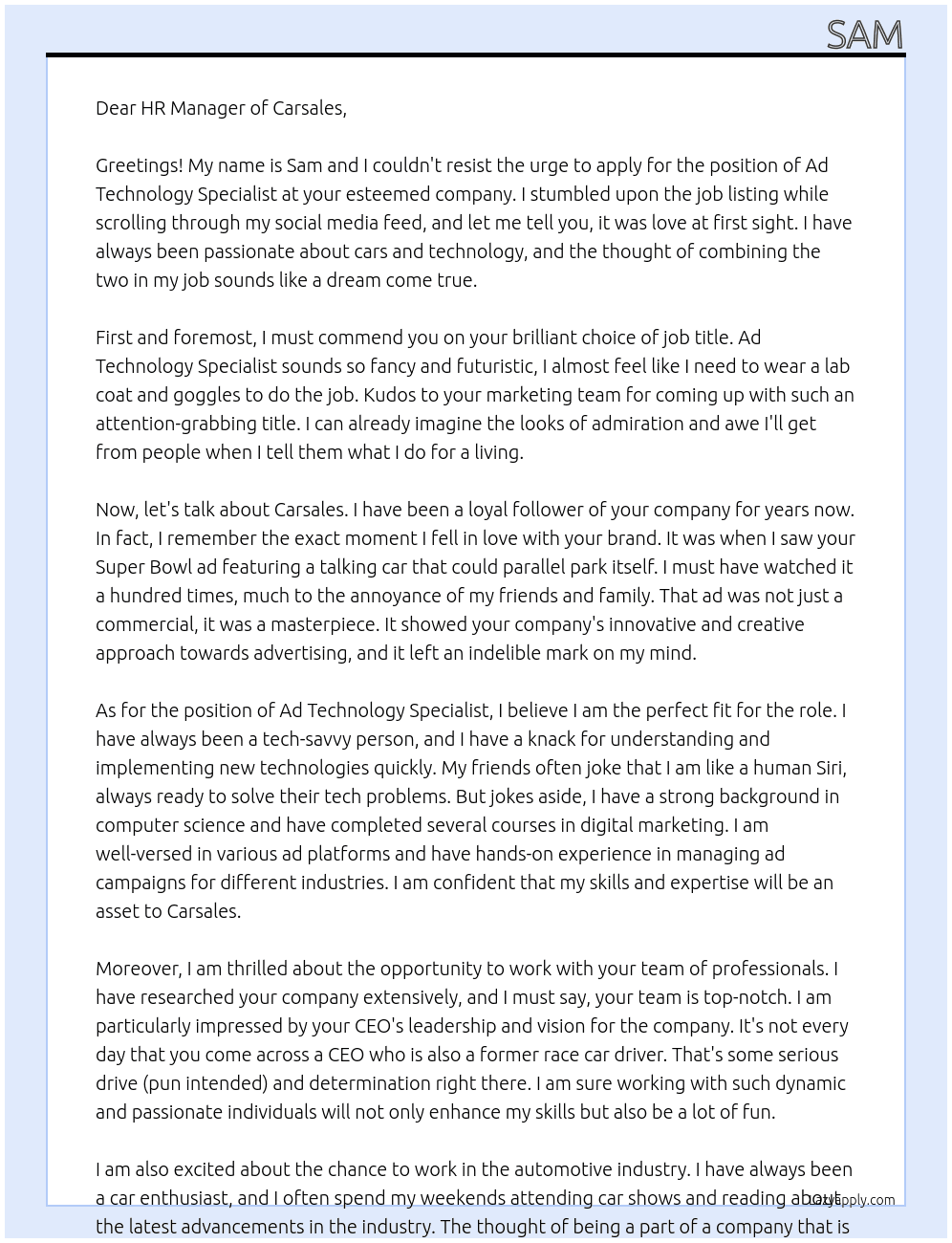 Ad technology specialist At Carsales Cover Letter