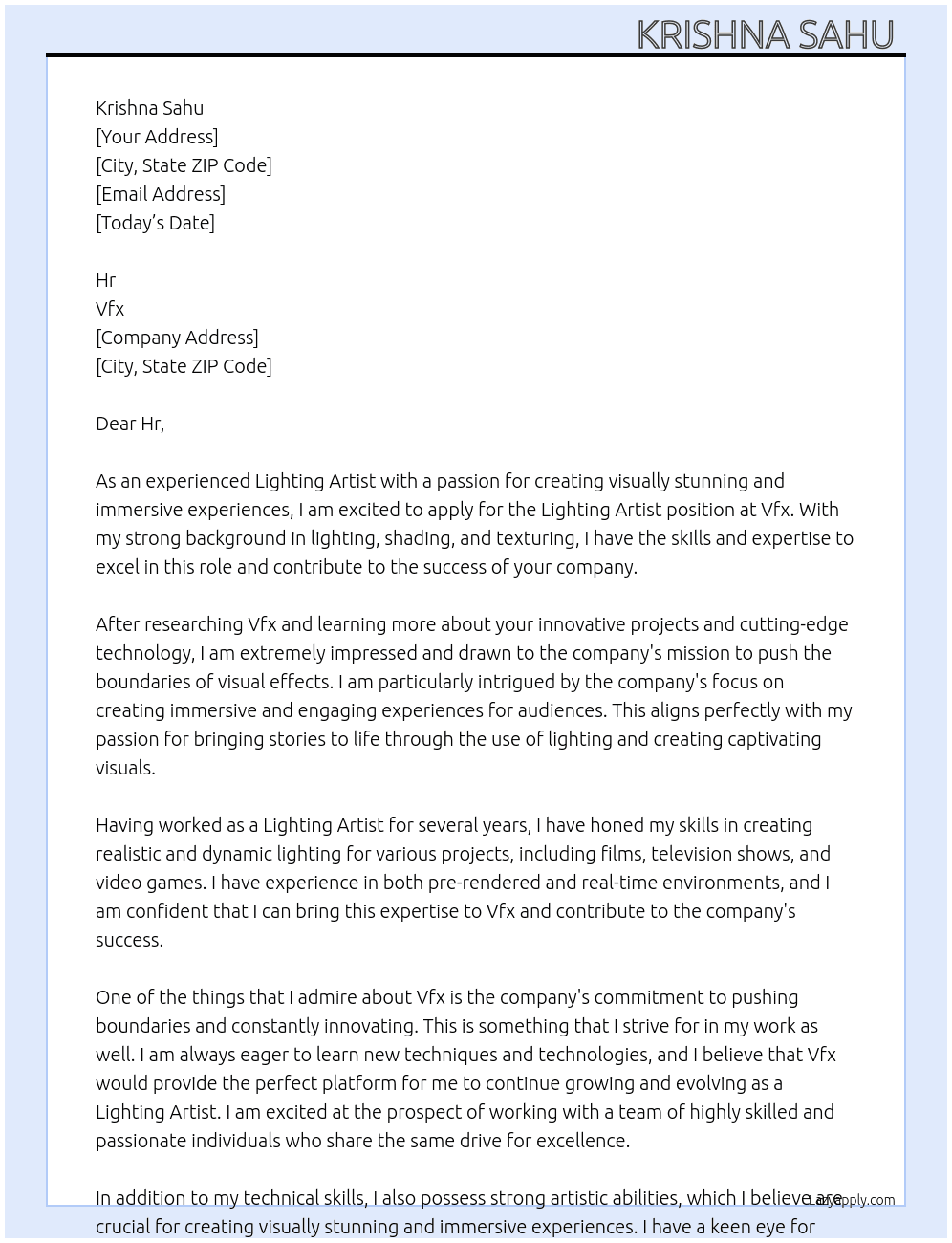Lighting artist  At Vfx Cover Letter