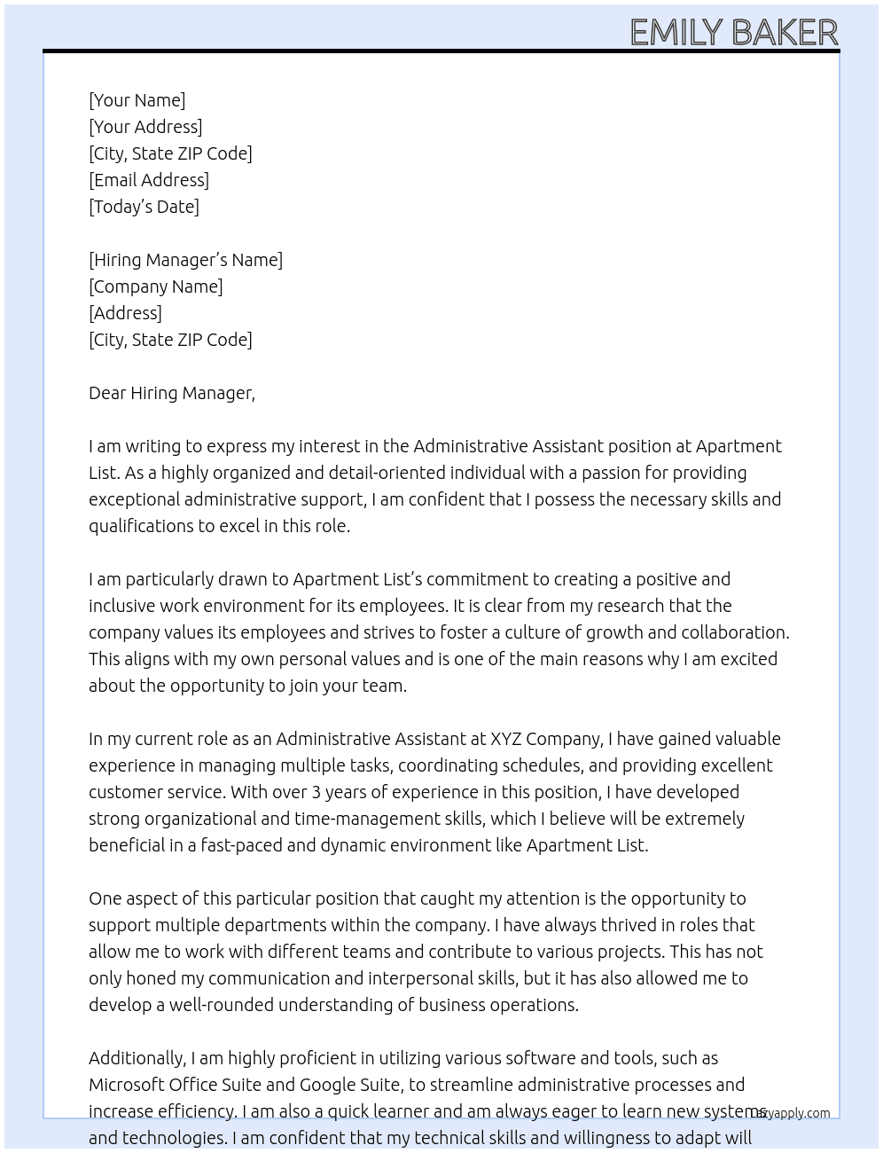 administrative assistant  At Apartment List Cover Letter