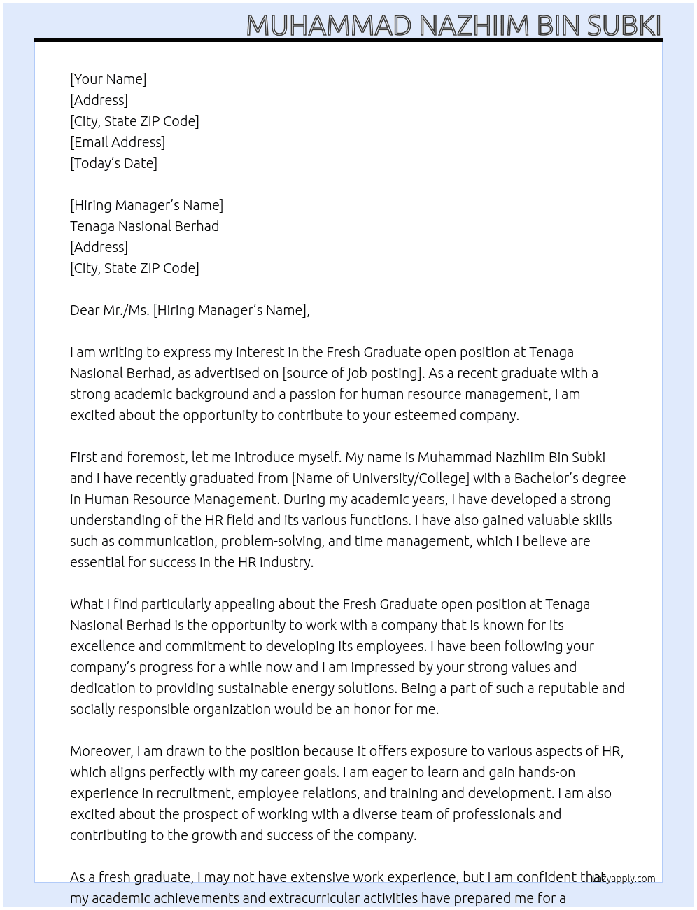 Fresh Graduate open position At Tenaga Nasional Berhad Cover Letter